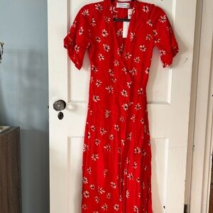 Faithfull the Brand Red Wrap Ruffled Midi Sundress